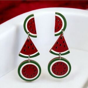 Watermelon Slice Earrings Red Acrylic Dangle Pierced Ears Women's Jewelry